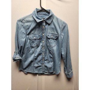 Talbots Petite Blue Denim Button Up Shirt Roll Tab Sleeve Size 2P 100% Cotton